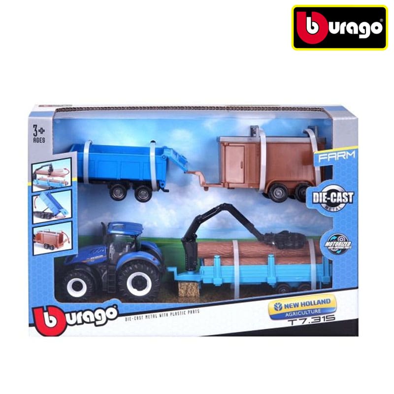 Bburago Traktor New Holland T7.315 Med 3xVogne, (Skala 1:50) - Billede 5