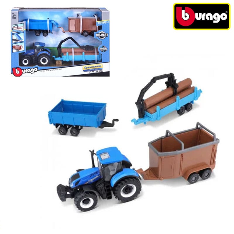Bburago Traktor New Holland T7.315 Med 3xVogne, (Skala 1:50) - Billede 2